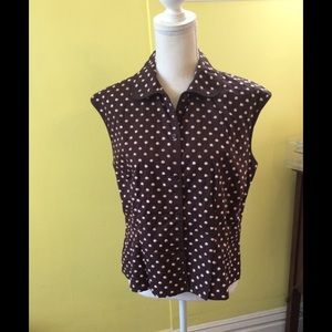 INC Brown Cotton Top w/Pink Embroidered Dots sz 14